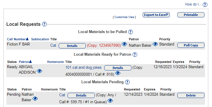 Local Requests section of View Requests page.